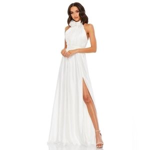 Mac Duggal White Halter Neck Evening Gown with Side Slit
